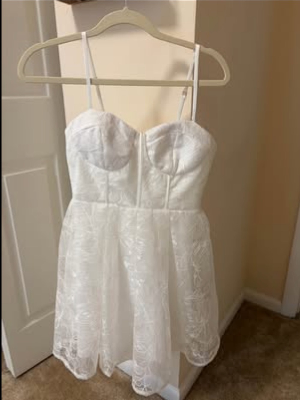 Lulu's White Lace Mini Dress with Spaghetti Straps